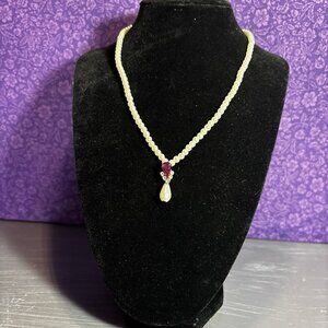 B15 Vintage Flux Pearl Necklace Pink Rhinestone Pendant Drop Jewelry
